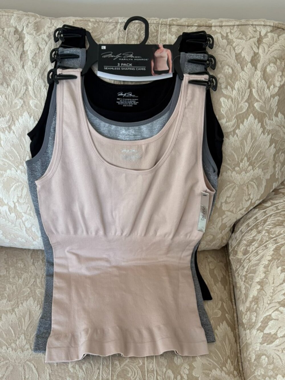 Marilyn Monroe 3‑Pack Seamless Shaping Camis • Black/Gray/Beige • Size L • NWT